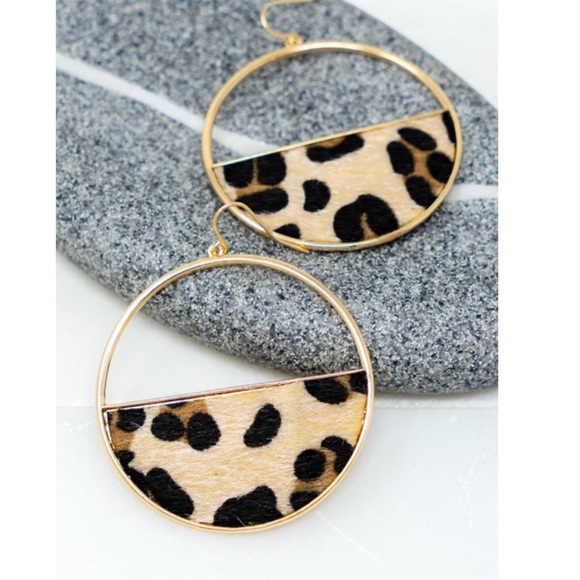 Gold Half Circle Leopard Open Circle Earrings - Picture 3 of 4